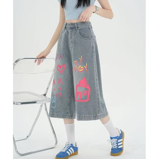 Laterme S-6XL กางเกงยีนส์ขา7ส่วนเอวสูง ปักลายน่ารัก