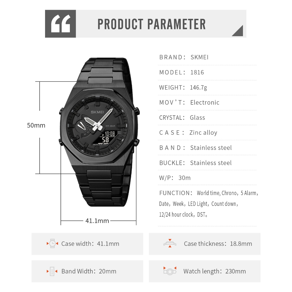 SKMEI สมี โลหะแฟชั่นจอแสดงผลแบบ คู่-เวลา ดิจิตอล นํา ส่องสว่างนาฬิกาผู้ชายและผู้หญิงกีฬานาฬิกา 1816 - รูปที่ 7