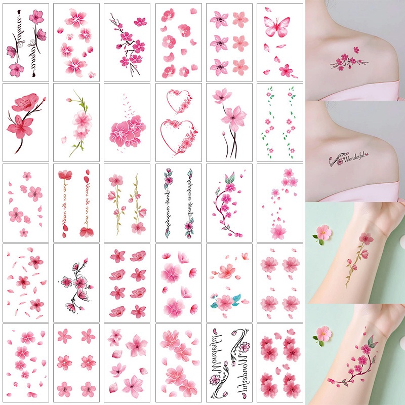 30ชิ้น อิน ขนาดเล็กสดดอกพีชสักสติกเกอร์กันน้ําหญิงชายเซ็กซี่หวานสีชมพูดอกซากุระสักสติกเกอร์กลีบสติกเกอร์รอยสัก