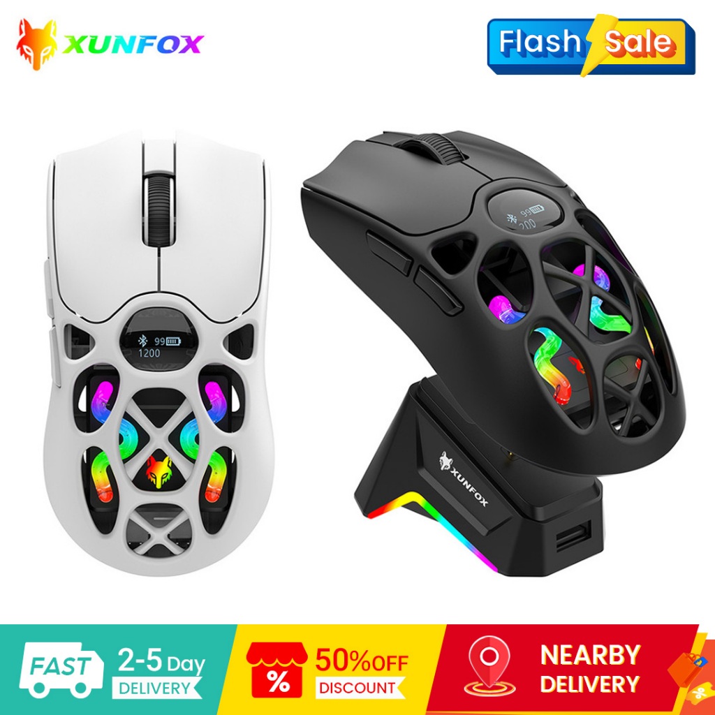 XUNFOX เมาส์สําหรับเล่นเกม Tri-Mode H6 / H6Pro สมาร์ทจอแสดงผล OLED ไฟ RGB ระดับ 6 DPI การชาร์จ Type-