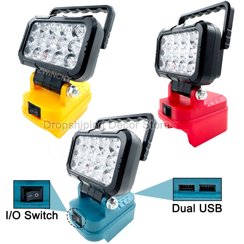 ไฟ LED สําหรับ Makita/Dewalt/Milwaukee แบตเตอรี่ลิเธียม 18V พร้อมตะขออินเทอร์เฟซ USB คู่ (ไม่มีแบตเตอรี่)