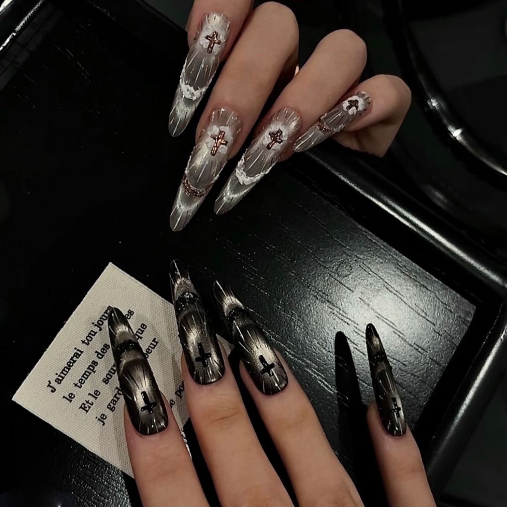 C237 เล็บปลอมสําเร็จรูป เจลแท้ ทำด้วยมือ 10 ชิ้น/กล่อง หรูหรา สไตล์พังค์สีเข้ม มีเอกลักษณ์ สวมง่าย ใช้ซ้ำได้
