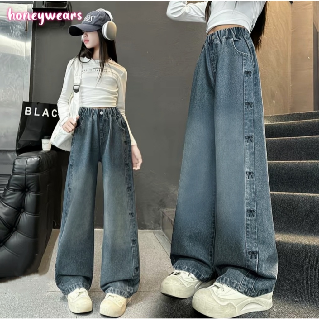 honeywears พร้อมส่ง กางเกงขายาวเด็ก กางเกงยีนส์เด็กผู้หญิง สไตล์เกาหลี แนววินเทจ ขาตรง กว้าง ทำจากผ้ายีนส์นุ่ม เอวยาดยืด ฤดูใบไม้ร่วง สไตล์ใหม่ สวยๆเก๋ๆ ไซส์ 110-160
