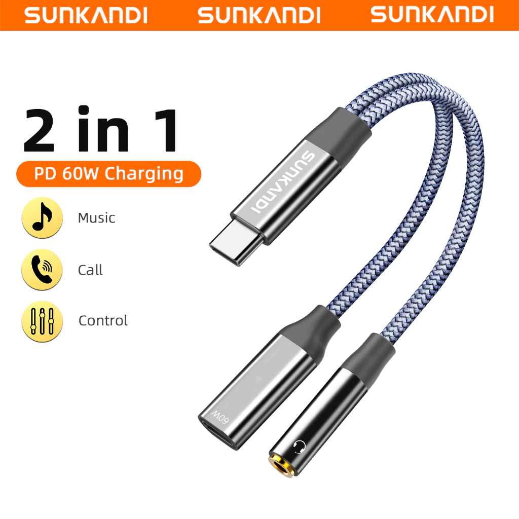 SUNKANDI ตัวแปลง 2-in-1 60W DAC USB C ถึง 3.5 มม./USB C ถึง Dual USB C อะแดปเตอร์ชาร์จรองรับการโทรไมโครโฟนและการควบคุมอินไลน์