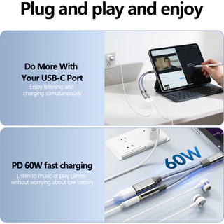 SUNKANDI ตัวแปลง 2-in-1 60W DAC USB C ถึง 3.5 มม./USB C ถึง Dual USB C อะแดปเตอร์ชาร์จรองรับการโทรไมโครโฟนและการควบคุมอินไลน์