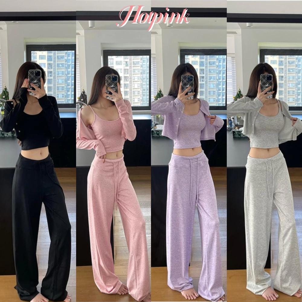 Hotpink ส่งจาก Bangkok🔥ชุดสูทบ้าน 3 ชิ้น สบายๆ เหมือนอยู่บ้าน ประกอบด้วยเสื้อคาร์ดิแกน กางเกงขายาว และสลิง