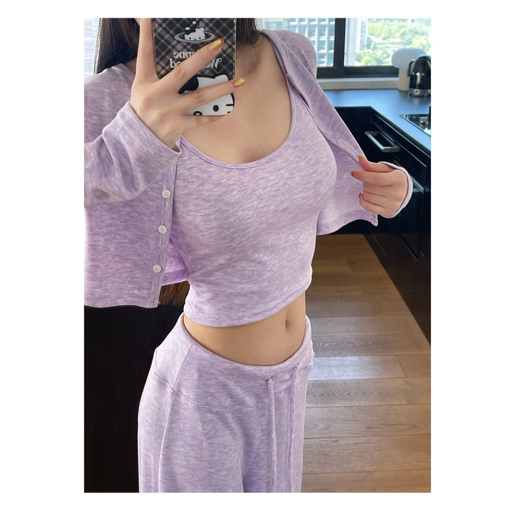 Hotpink ส่งจาก Bangkok🔥ชุดสูทบ้าน 3 ชิ้น สบายๆ เหมือนอยู่บ้าน ประกอบด้วยเสื้อคาร์ดิแกน กางเกงขายาว และสลิง - รูปที่ 5