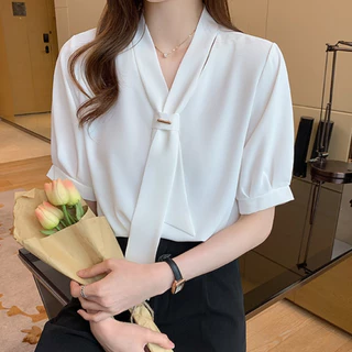 ผู้หญิง เสื้อเชิ้ตแขนสั้น คอวี เสื้อทำงานสีทึบ สไตล์เกาหลี การออกแบบผูก