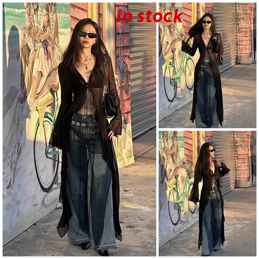 [Grojoy] (คลังสินค้าพร้อม) เซ็กซี่ Hollow Laced-Up แขนยาวชายหาดครีมกันแดดเสื้อแขนยาวเสื้อสเวตเตอร์ถักยาว GR986 #