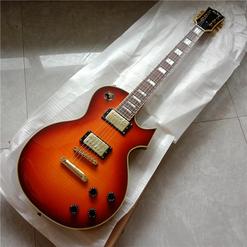 6 สายกีตาร์ไฟฟ้าที่กําหนดเอง,Flame Maple Top Mahogany Body & Neck Rosewood Fingerboard Gold ฮาร์ดแวร