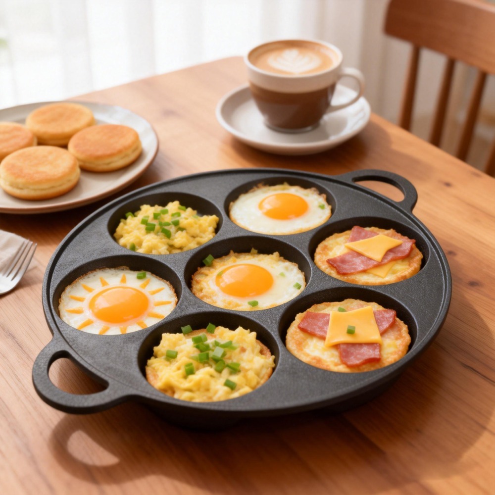 🚚สต็อกพร้อมในกรุงเทพ🚚 7 หลุมหม้อทอดเหล็กหล่อไม่ติดกระทะไข่เจียวครัวทําอาหารกระทะแฮม ไม่ติดกระทะ อลูมิเนียมอัลลอยด์ กระทะและกระทะก้นลึก