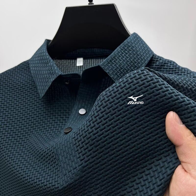 MIZUNO ผู้ชาย มิซูโน่ โปโล 2026 ฤดูใบไม้ผลิและฤดูร้อนใหม่ผู้ชายเย็นกลวงผ้าไหมปกเสื้อหรูหราแฟชั่นสบายๆสบายเย็นผู้ชายด้านบน