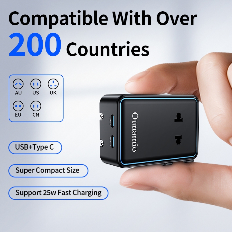 อะแดปเตอร์สําหรับเดินทางสากล, อะแดปเตอร์ปลั๊กไฟชาร์จเร็ว 25W พร้อม AC, USB-A, พอร์ต USB-C, Type C, เข้ากันได้กับ EU/UK/AU/AS, ใช้งานร่วมกับ 200 นับ