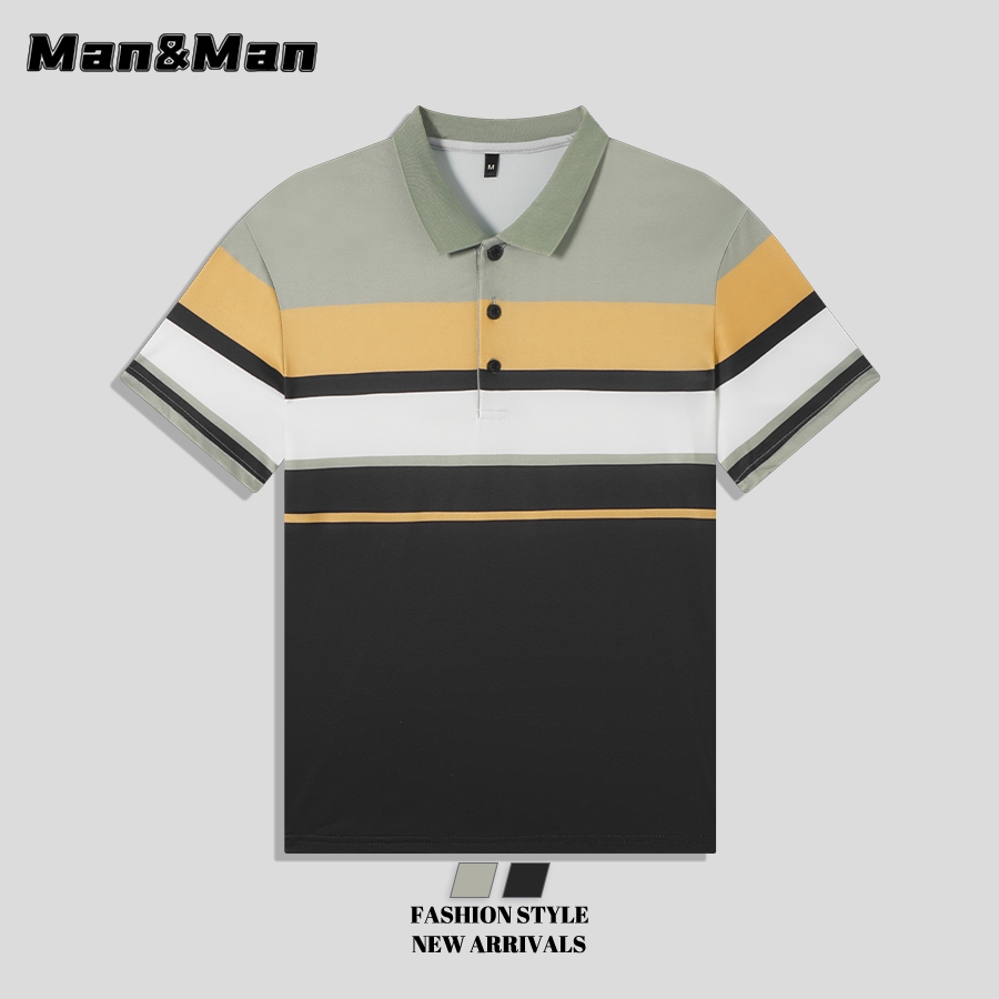 M＆M เสื้อโปโลชาย สไตล์ธุรกิจ ลายทางสีปะ ติดกระดุมคอปก แขนสั้น หลวมสบาย