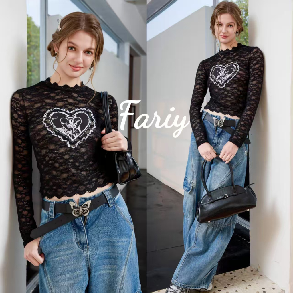 Fariy🍒คลังสินค้าพร้อม🍒 เสื้อครอปแขนสั้นปักลายหัวใจลูกไม้สไตล์เรโทรอเมริกัน เสื้อยืดแขนยาวน่ารักและเท่