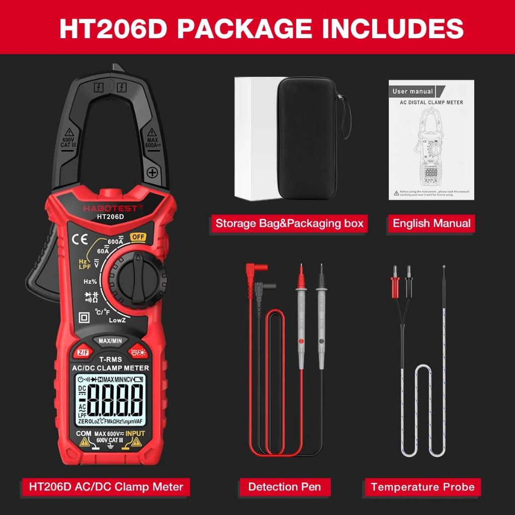 HABOTEST HT206D AC/DC600A มัลติมิเตอร์แบบดิจิตอลแคลมป์แอมมิเตอร์ 600V