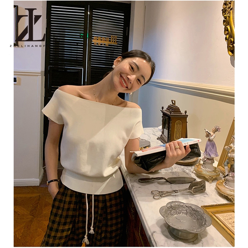 ZHELIHANGFEI สไตล์เกาหลีเซ็กซี่ปิดไหล่เสื้อถักผู้หญิงเสื้อถักแขนสั้นอเนกประสงค์
