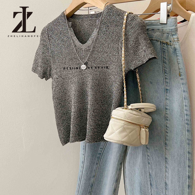 ZHELIHANGFEI คอวีริบบิ้นถักผู้หญิงด้านหน้าไหล่แขนสั้นเสื้อยืดสั้น ซอก ออกแบบ สูงสุด