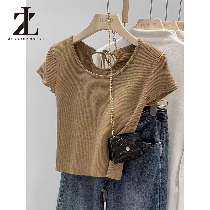ZHELIHANGFEI เกาหลีเก๋เก๋เก๋ ของแท้ไหล่เสื้อถักแขนสั้นผู้หญิงเอวสูงสไตล์ตะวันตกบัตรเอวเสื้อยืดด้านบน