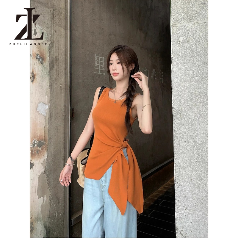 ZHELIHANGFEI เสื้อกั๊กถักแขนกุดมีกรีดด้านข้างผิดปกติสำหรับผู้หญิง เสื้อกระชับสัดส่วน เก๋ไก๋ แจ๊กเก็ต