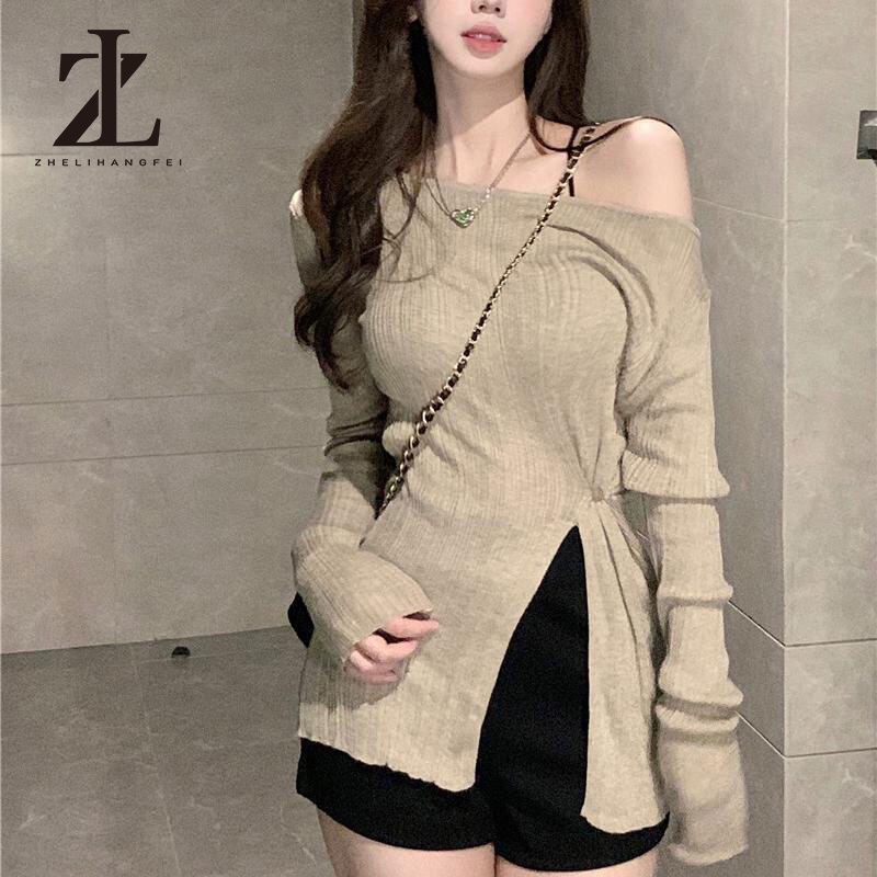 ZHELIHANGFEI เสื้อคาร์ดิแกนแขนยาว ผ้าถัก เข้ารูป เปิดไหล่ ทรงตรง สําหรับผู้หญิง