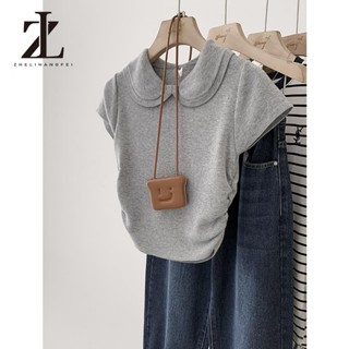 ZHELIHANGFEI เสื้อสเวตเตอร์ถักคอพับผู้หญิงสั้นเสื้อยืดแขนสั้…