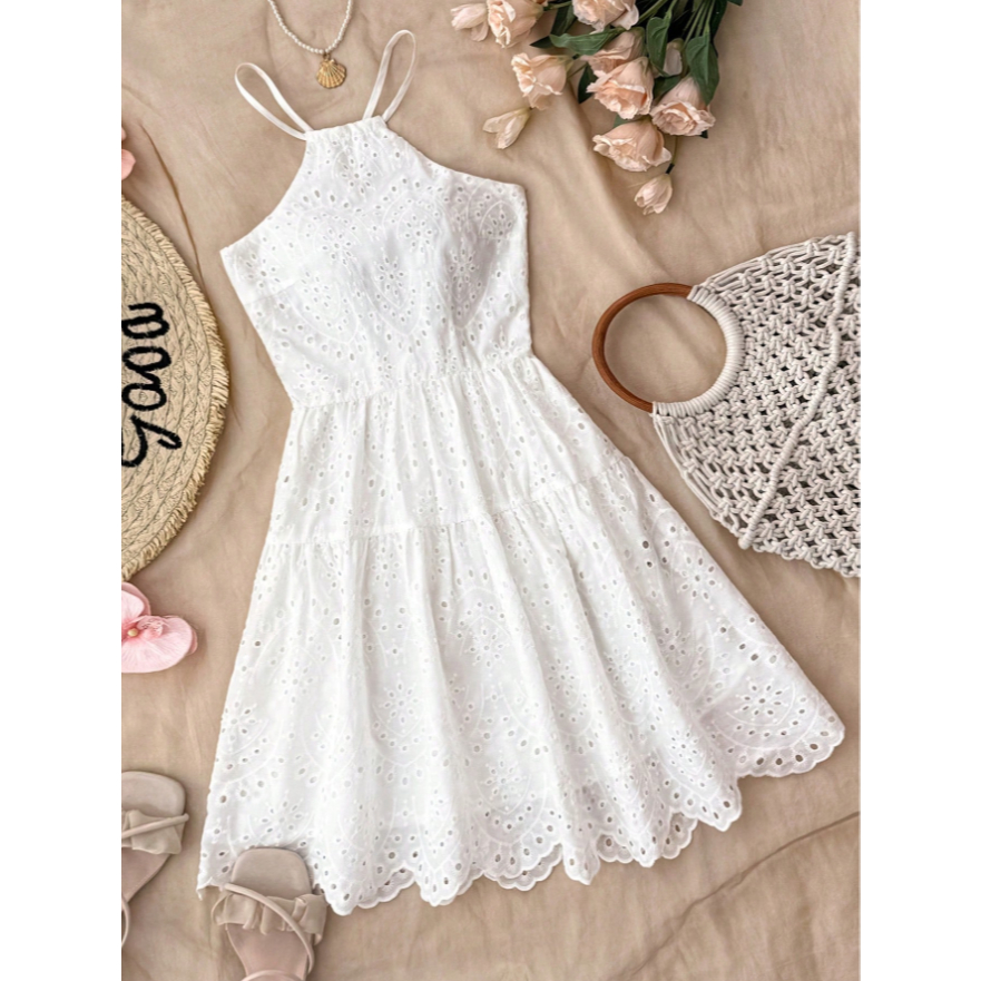Aesthetic White Dress for Teenager 13Y-16Y | ชุดเดรสคอเชือกแขวนคอตัดลูกไม้ | ชุดจับคู่หมวก So Good