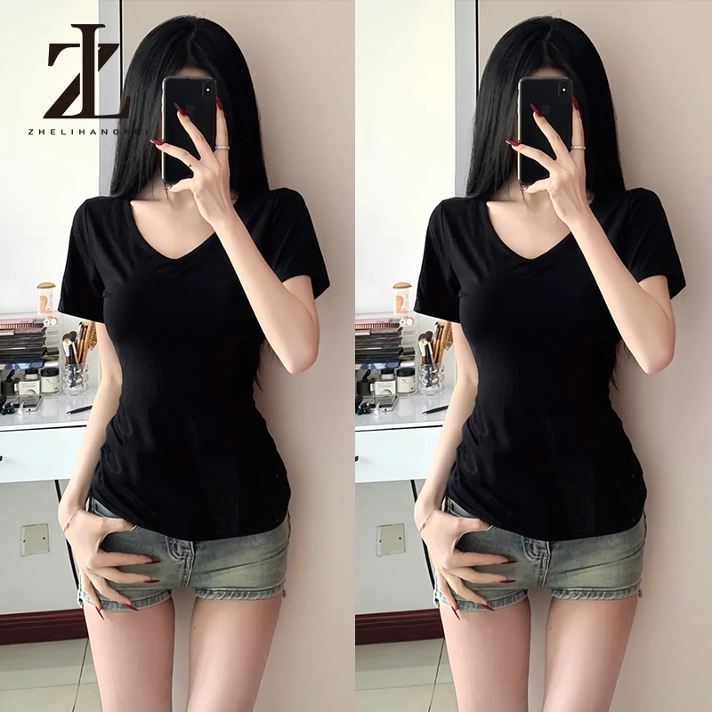 ZHELIHANGFEI  เสื้อยืดแขนสั้นคอวี Slim-Fit Slimmer ดูสาวร้อน Bas