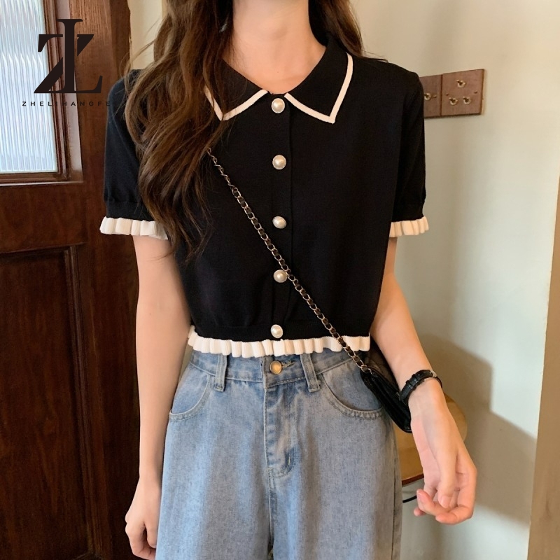 ZHELIHANGFEI เสื้อสเวตเตอร์ถัก แขนสั้น คอข้อมือ เอวสูง หวาน เข้าได้กับทุกอย่าง ท๊อป