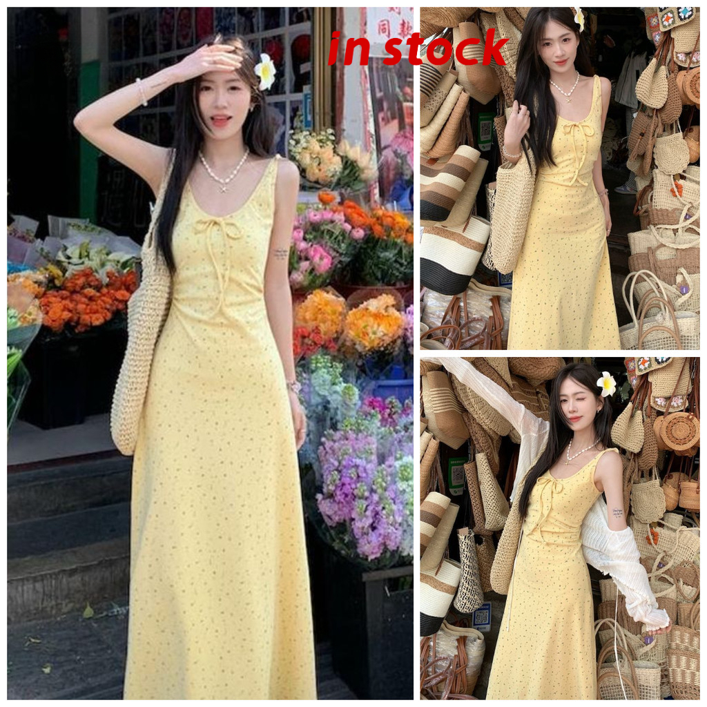 [Grojoy] Beach Vacation Floral Bow Sling Dress 2025 ฤดูใบไม้ผลิฮาวาย Slim-fit Slimmer ดูกระโปรงยาว G