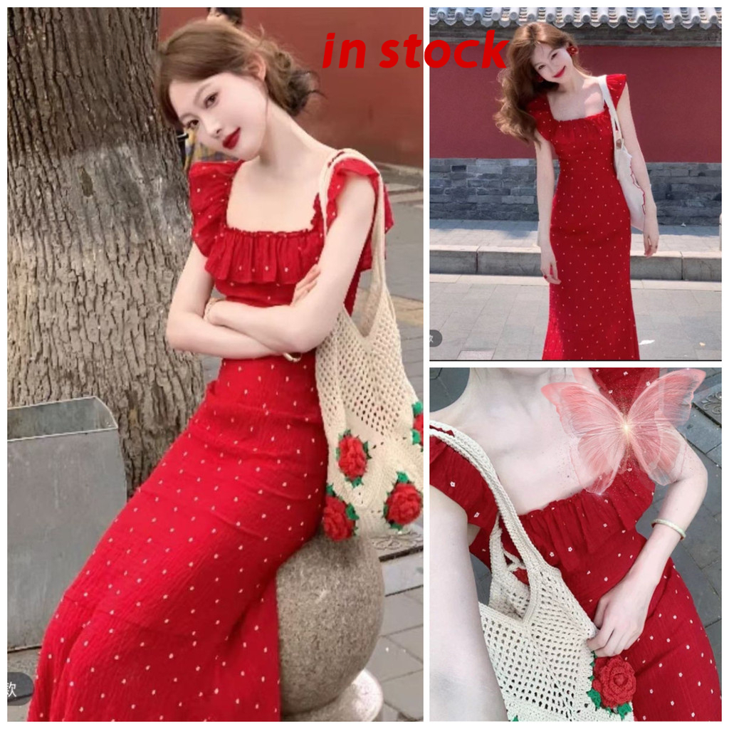 [Grojoy] (คลังสินค้าพร้อม) ชุดเดรสวันหยุด Polka Dot กระโปรงยาวคอเหลี่ยมดอกไม้เล็ก GR906 #