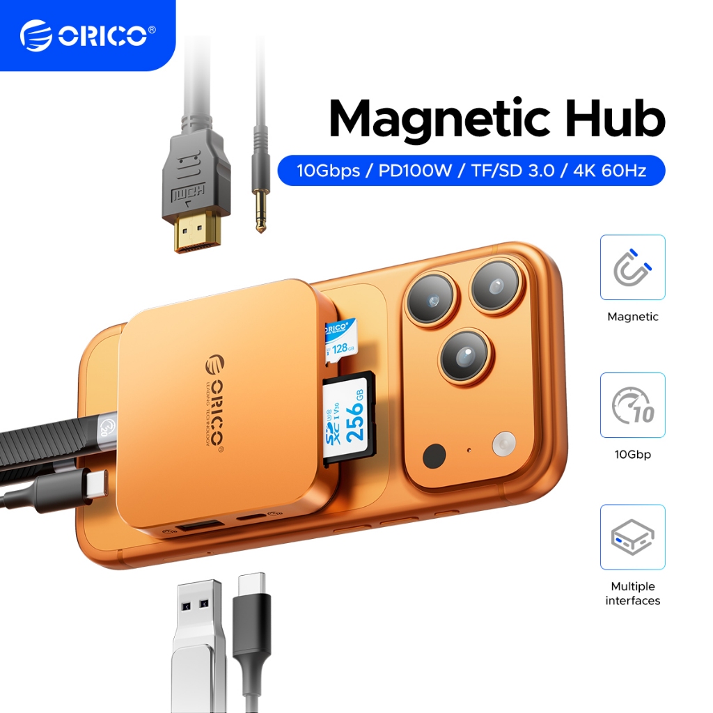 ORICO 8 in 1 Docking Station แม่เหล็ก USB C Hub TF/SD 3.0 PD 100W Hub พร้อม Ethernet 4K to HDMI VGA 