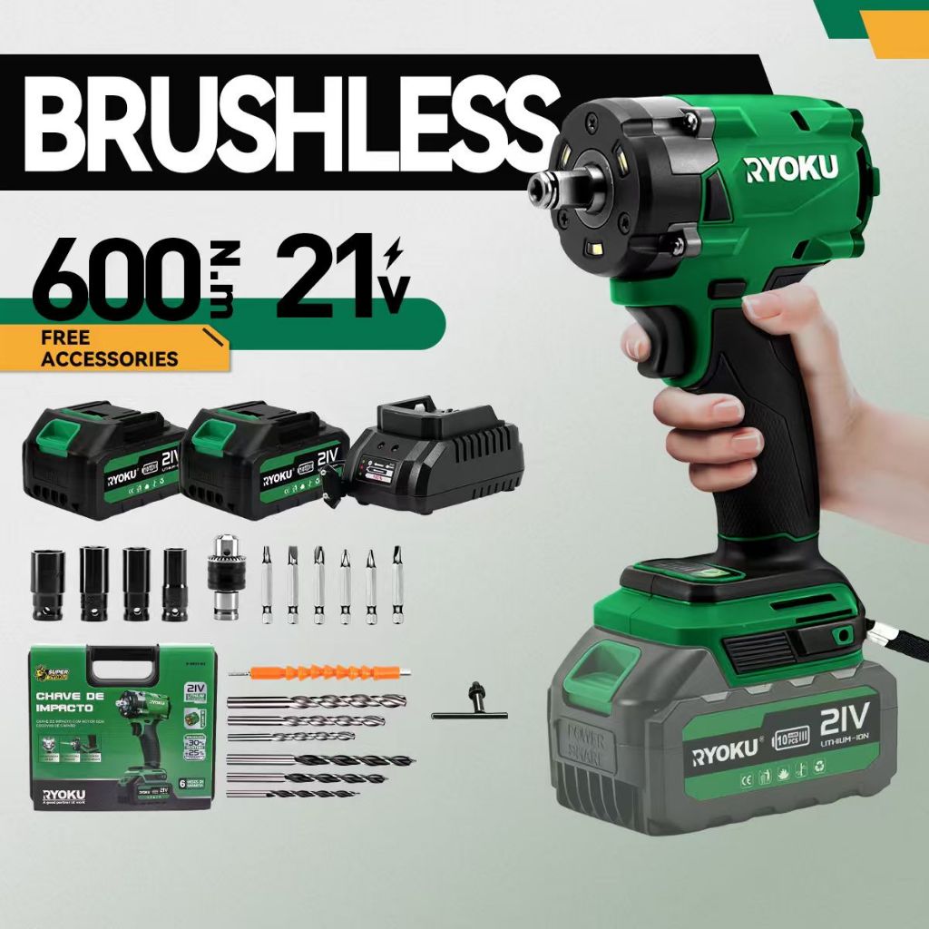 RYOKU 20V เซ็ตสุดคุ้ม! ประแจอัดแรงดันไร้แปรงถ่าน 600Nm + แบตเตอรี่ 2 ก้อนฟรี! งานซ่อม อุตสาหกรรม