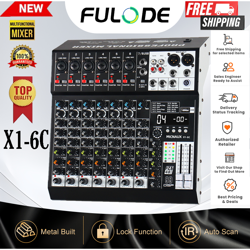 FULUODE X1-6C Audio Mixer 8-channel professional Mixer คอนโซล 99 DSP เอฟเฟกต์ผสม DJ Mixer พร้อม USB 