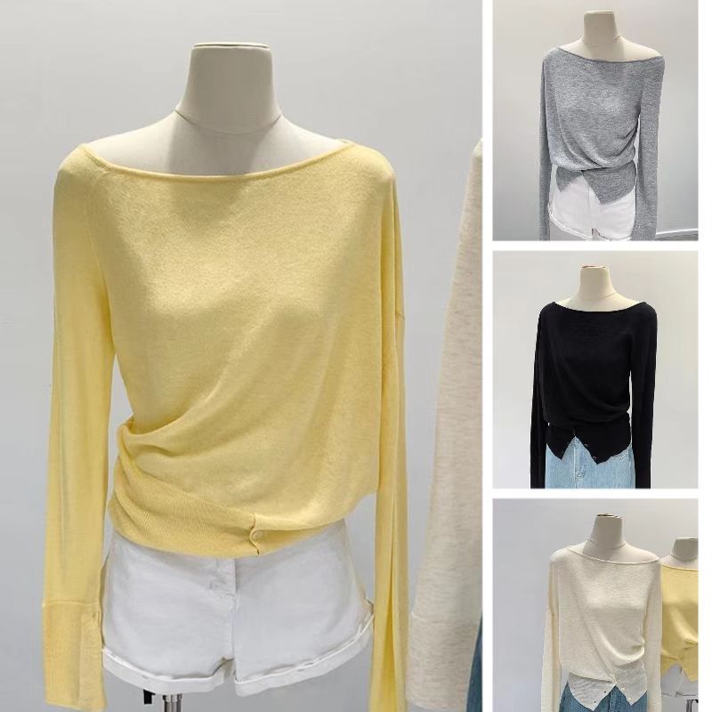 [มีในสต็อก] ฤดูใบไม้ร่วง ใหม่ เกาหลี ผู้หญิง ถัก แขนยาว เสื้อ บาง รูป บาง ไหล่ หลวม สบาย ๆ