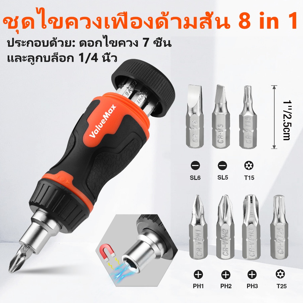 ValueMax 8-in-1 Mini Ratcheting ไขควงเครื่องมือมัลติฟังก์ชั่นสําหรับซ่อมบ้านขนาดกะทัดรัดและพกพา