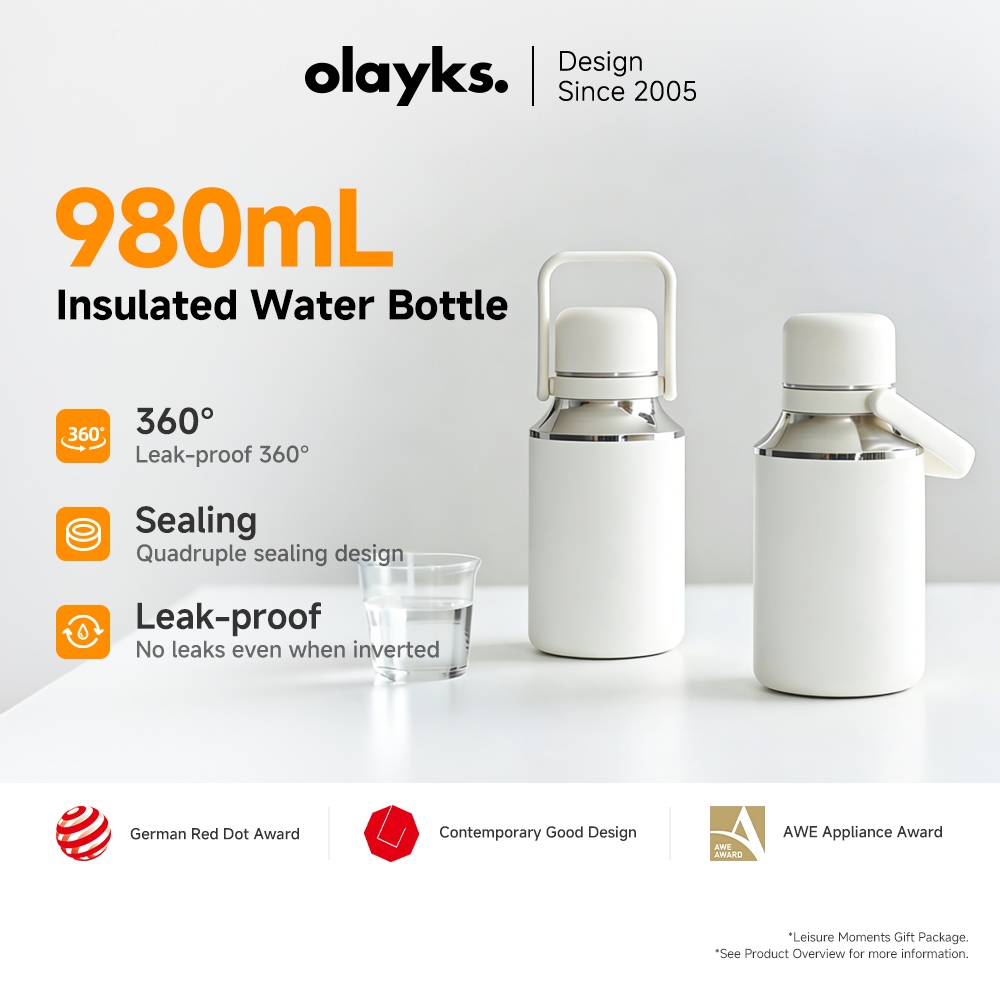 Olayks กระติกน้ำเก็บอุณหภูมิสูญญากาศ 980ml พร้อมแก้ว สแตนเลส สำหรับใส่เครื่องดื่มร้อนและเย็น กาแฟ หรือน้ำดื่ม