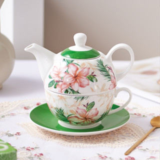 MBB กาน้ำชา สีเขียว ลายชมะลี ถ้วย+จานรอง | สำหรับกาแฟ ชาเย็น…