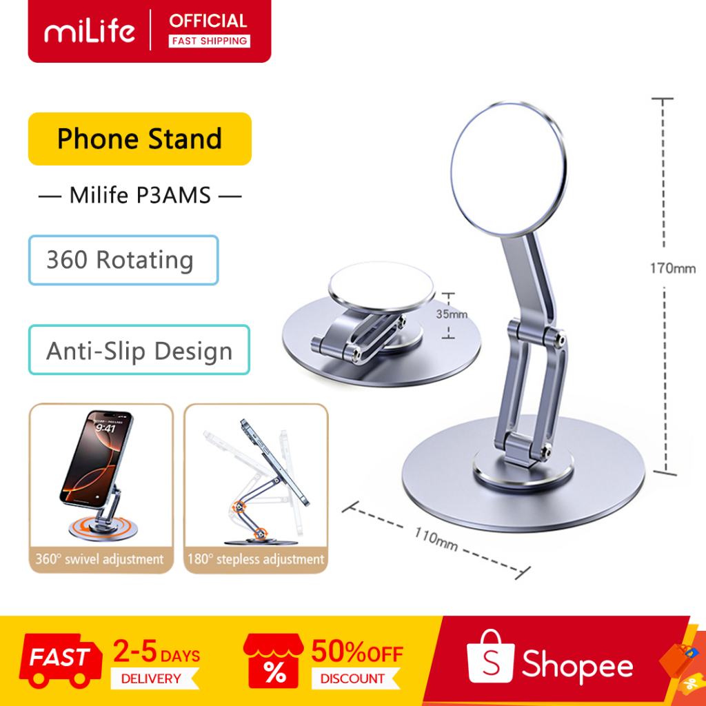 Milife P3AM / P3AMS 360° หมุนวงเล็บแม่เหล็กพับได้อลูมิเนียมอัลลอยด์ยืนปรับความสูงได้
