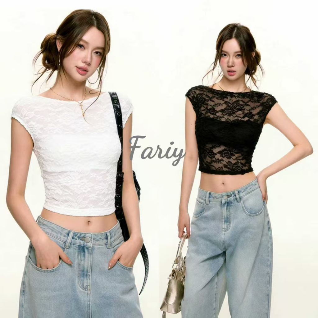 Fariy🍒คลังสินค้าพร้อม🍒 เสื้อครอปแขนสั้นคอกลมพิมพ์ลายลูกไม้ เปิดหลัง ผูกโบว์เซ็กซี่