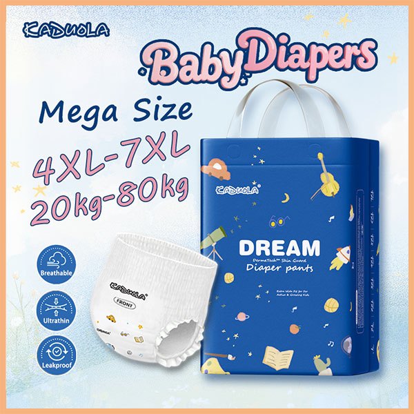 Kaduola ผ้าอ้อมไซส์ใหญ่ 4XL–7XL รองรับถึง 80 กก. สัมผัสนุ่มเหมือนผ้า บางเบา ระบายอากาศดี ซึมซับสูง ป้องกันการรั่ว เหมาะทั้งกลางวัน–กลางคืน สำหรับเด็กเคลื่อนไหวมาก — รวมไซส์เด่น 5XL (พรีเมียม นุ่มพิเศษ) และ 6XL (สำหรับเด็กน้ำหนักมาก แกนซึมซับคุณภาพสูง)