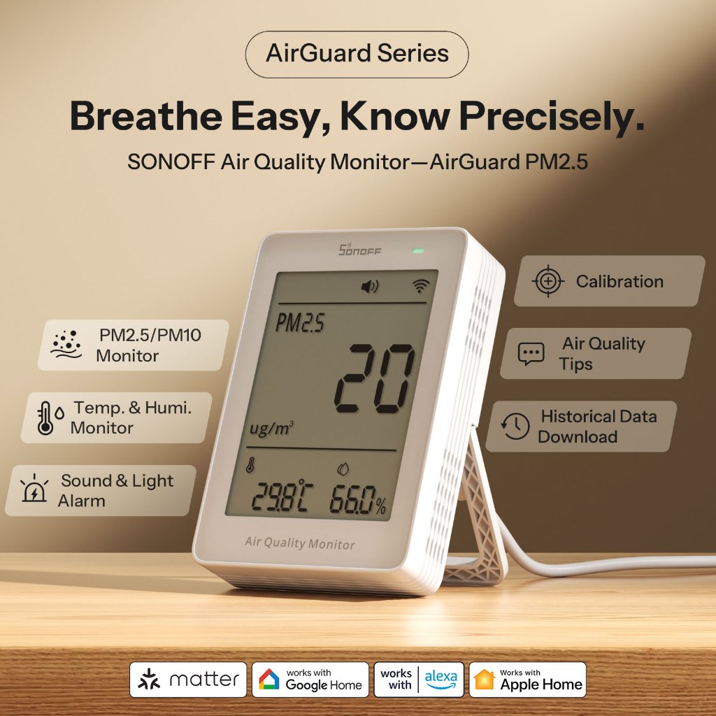 SONOFF SAWF-07P AirGuard PM2.5/PM10 Matter Over Wi-Fi Air Quality Monitor Multi-Metric Air Quality Monitoring Matter ใช้งานร่วมกับสมาร์ทบูรณาการ Alexa Apple Home Google Home