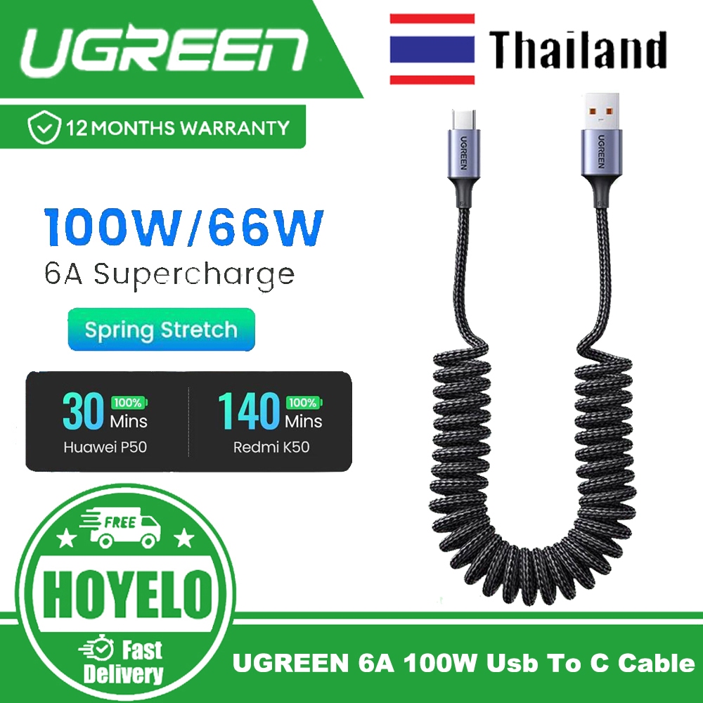 UGREEN 6A 100W Type C สําหรับ Huawei Spring Pull Telescopic Fast Charging Car Charger