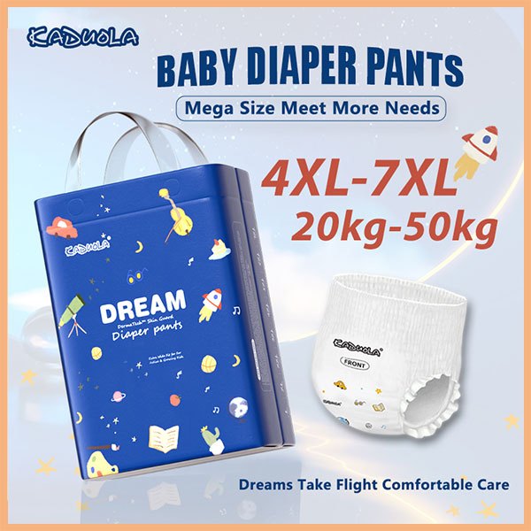 Kaduola ผ้าอ้อมไซซ์ใหญ่ 4XL–7XL รองรับสูงสุด 80 กก. สัมผัสนุ่มเหมือนผ้า บางเบา ระบายอากาศดี ซึมซับสูง ป้องกันการรั่ว ไม่รัด เหมาะทั้งกลางวันและกลางคืน สำหรับเด็กเคลื่อนไหวมาก ไฮไลต์ไซซ์ 5XL นุ่มพิเศษ และ 6XL รองรับน้ำหนักสูง แกนซึมซับคุณภาพ