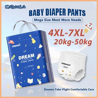 Kaduola ผ้าอ้อมไซซ์ใหญ่ 4XL–7XL รองรับสูงสุด 80 กก. สัมผัสนุ่มเหมือนผ้า บางเบา ระบายอากาศดี ซึมซับสูง ป้องกันการรั่ว ไม่รัด เหมาะทั้งกลางวันและกลางคืน สำหรับเด็กเคลื่อนไหวมาก ไฮไลต์ไซซ์ 5XL นุ่มพิเศษ และ 6XL รองรับน้ำหนักสูง แกนซึมซับคุณภาพ