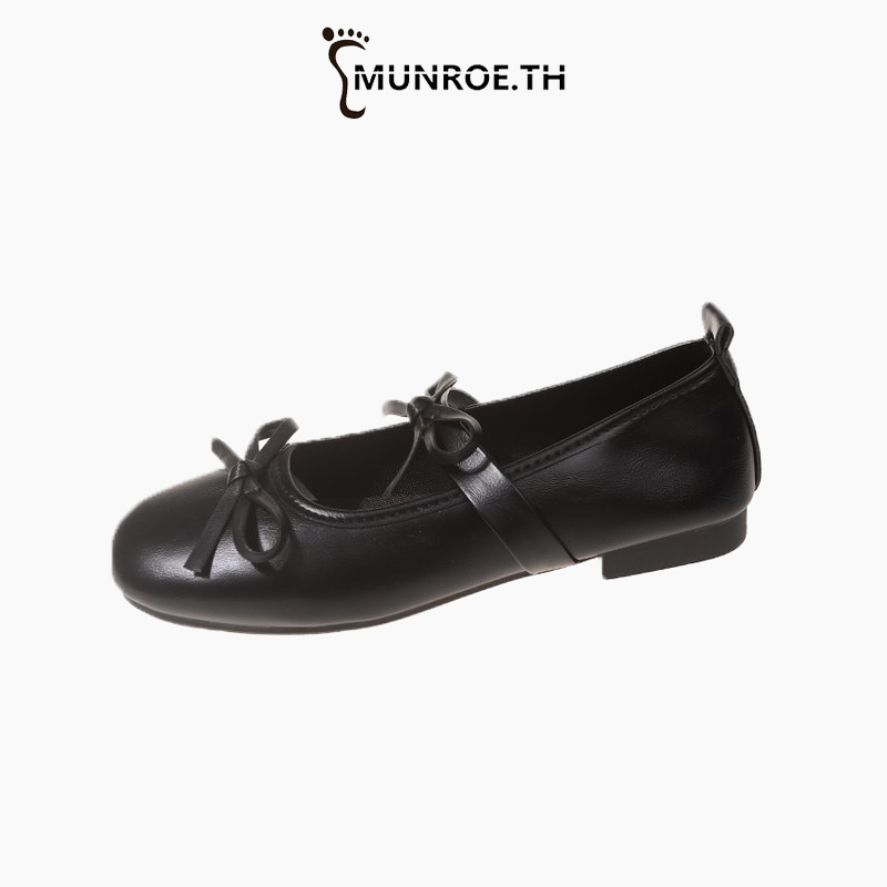 Munroe รองเท้าแฟชั่นสตรี หนึ่งคำที่มีโบว์ การออกแบบด้านล่างแบน รุ่นใหม่ หัวกลม วินเทจ รองเท้าแมรี่เจน