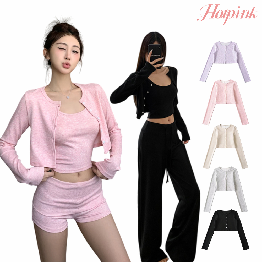 Hotpink ส่งจาก Bangkok🔥ชุดเสื้อคาร์ดิแกนแขนยาวกันแดดทรงสวยสำหรับผู้หญิง ชุดลำลองกีฬาฤดูร้อนแบบสามชิ้น