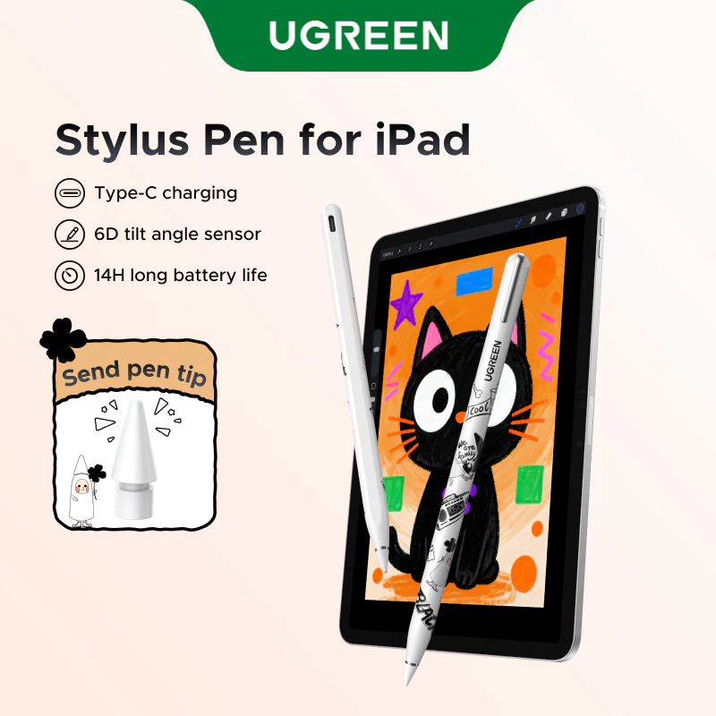 UGREEN Smart Stylus IP Series พร้อมฟังก์ชั่นตรวจจับเอียงสิ่งที่แนบมาแม่เหล็กการเชื่อมต่อบลูทูธสําหรับการตรวจสอบระดับแบตเตอรี่ป้องกัน mis-touch พอร์ตชาร์จ USB-C fas