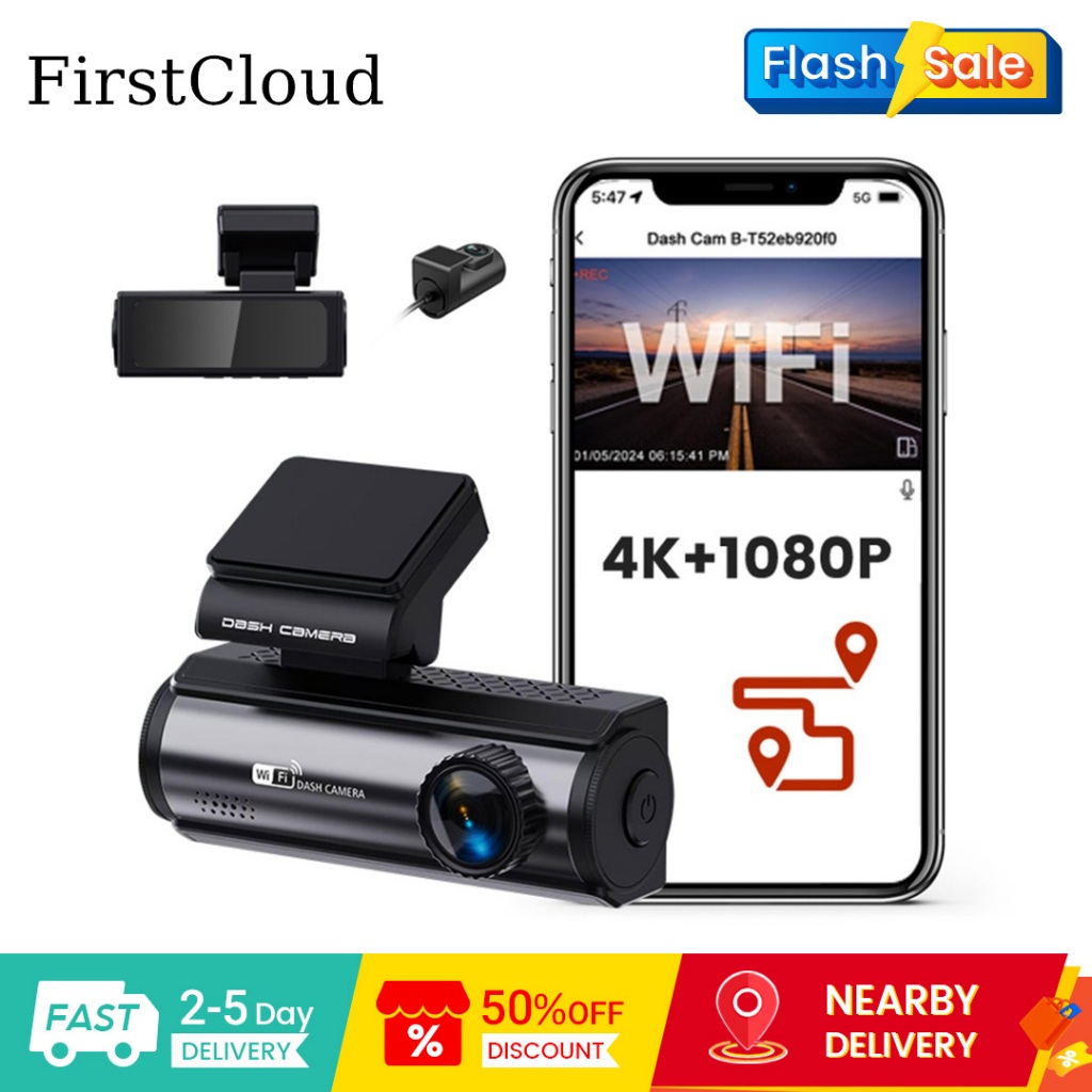FirstCloud X50 สมาร์ท WiFi GPS Dash กล้อง 4K + 1080P HD Dual Cams Loop Recording การตรวจสอบที่จอดรถ