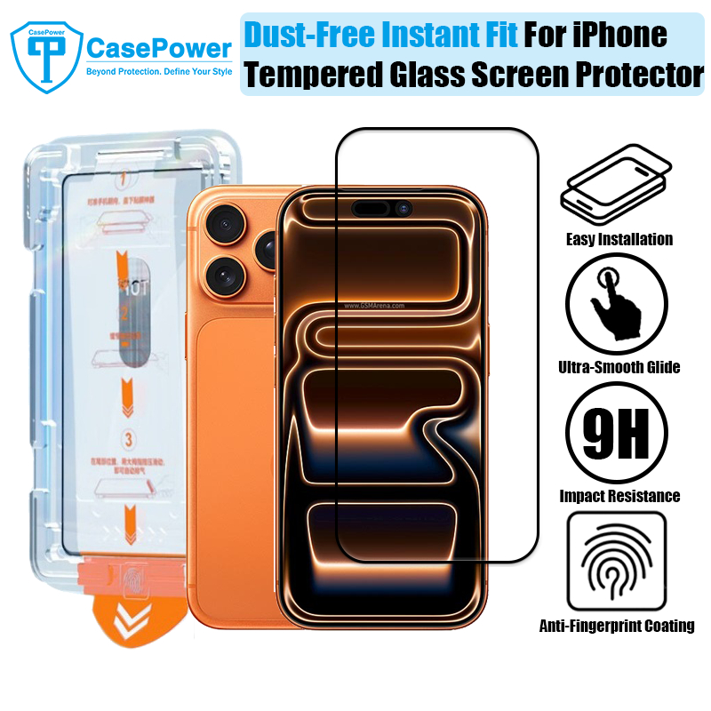 CasePower ปราศจากฝุ่น 9H กระจกนิรภัยสําหรับ IPhone 17 16 15 14 13 12 11 Pro Max Plus Air XR Anti-Shatter HD ป้องกันหน้าจอพร้อมการติดตั้งคลิกเดียวและชุดติดตั้งฟรี